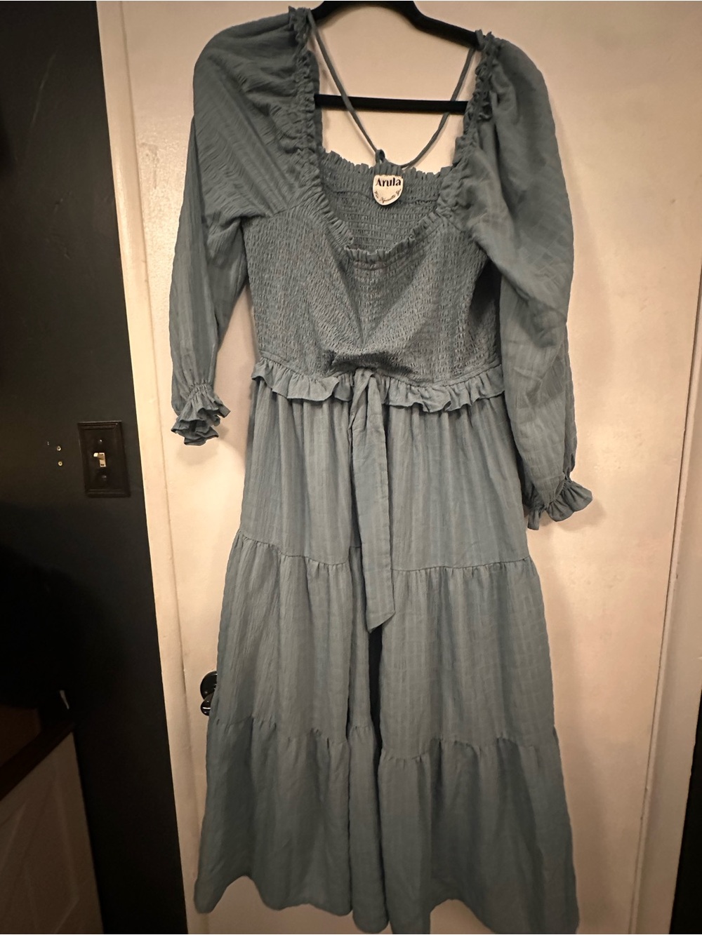 ARULA Dusty Blue Smocked Tiered Midi Dress